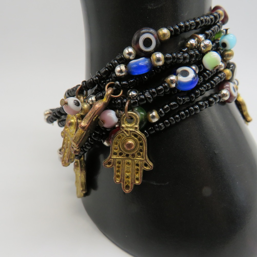 Lot of 7 Evil Eye Hamsa Hand Beaded Stretch Bracelets Black Gold Boho Spiritual